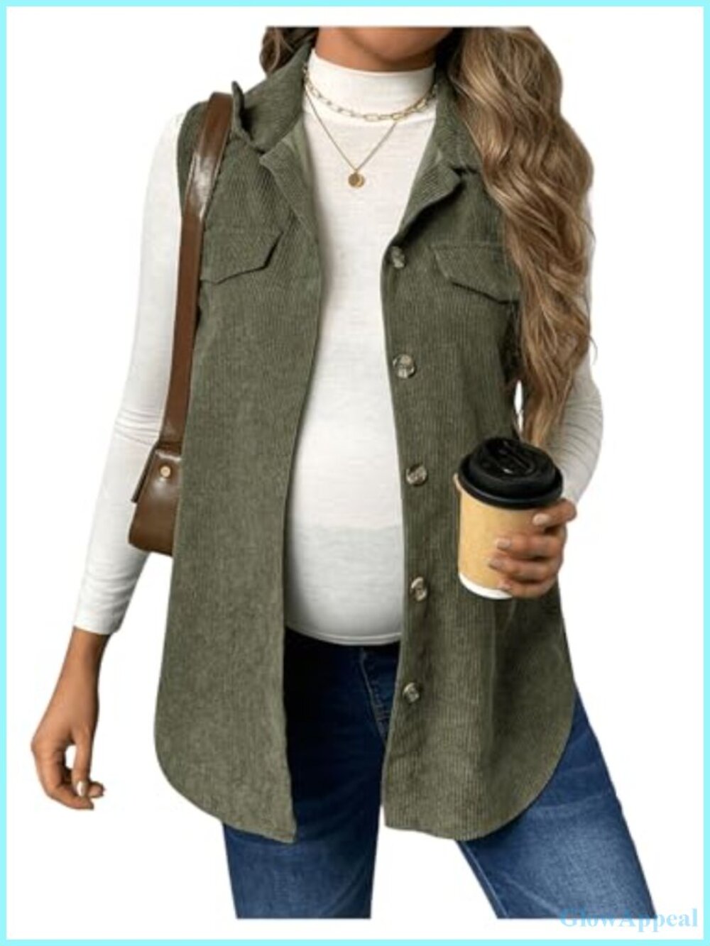 Maternity Corduroy Sleeveless Blazer Vest Jacket Button Front Pocket